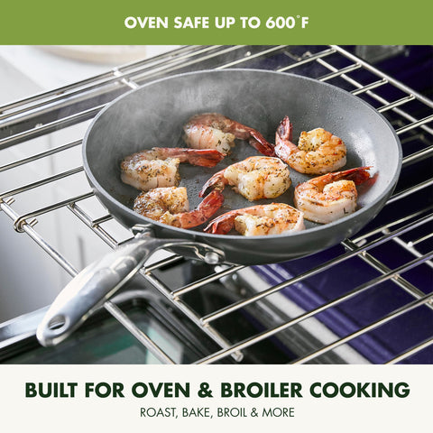 GreenPan Valencia Pro pans inside oven showing oven-safe performance up to high heat
