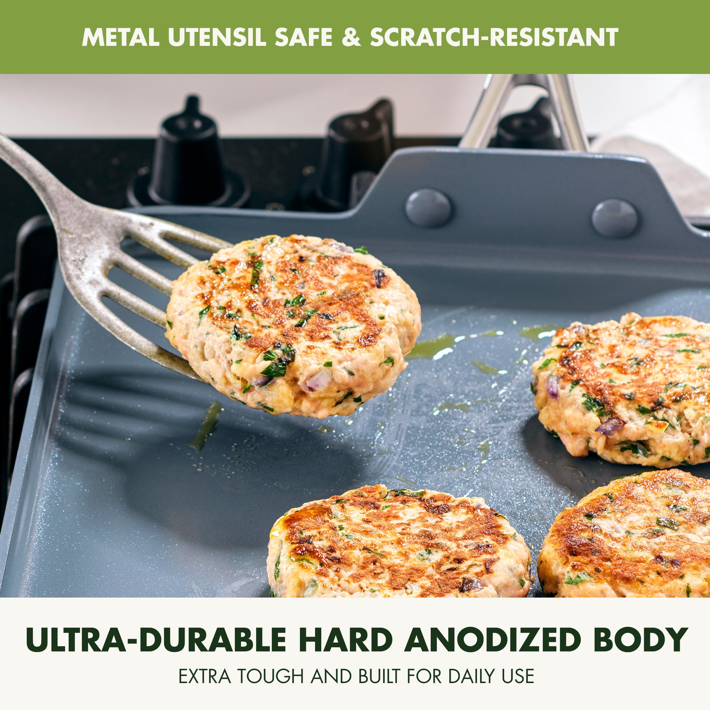 GreenPan cooking pancakes on griddle benefit: uniform heat for consistent flipping