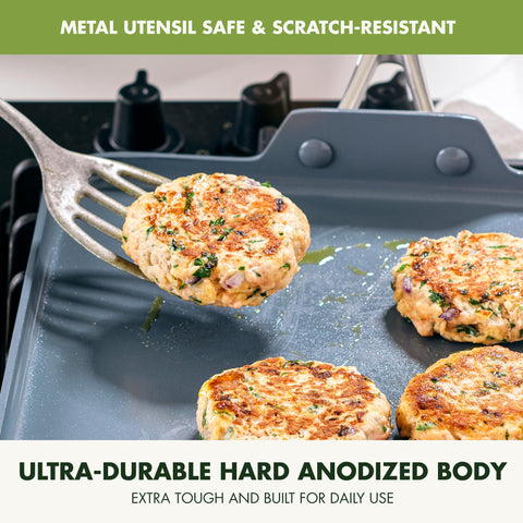GreenPan cooking pancakes on griddle benefit: uniform heat for consistent flipping