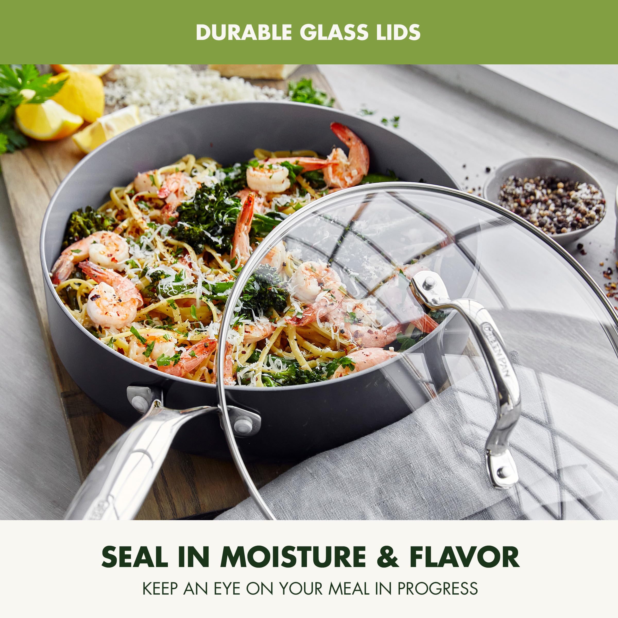 GreenPan Valencia Pro saucepan with sauce demonstrating smooth release and pouring