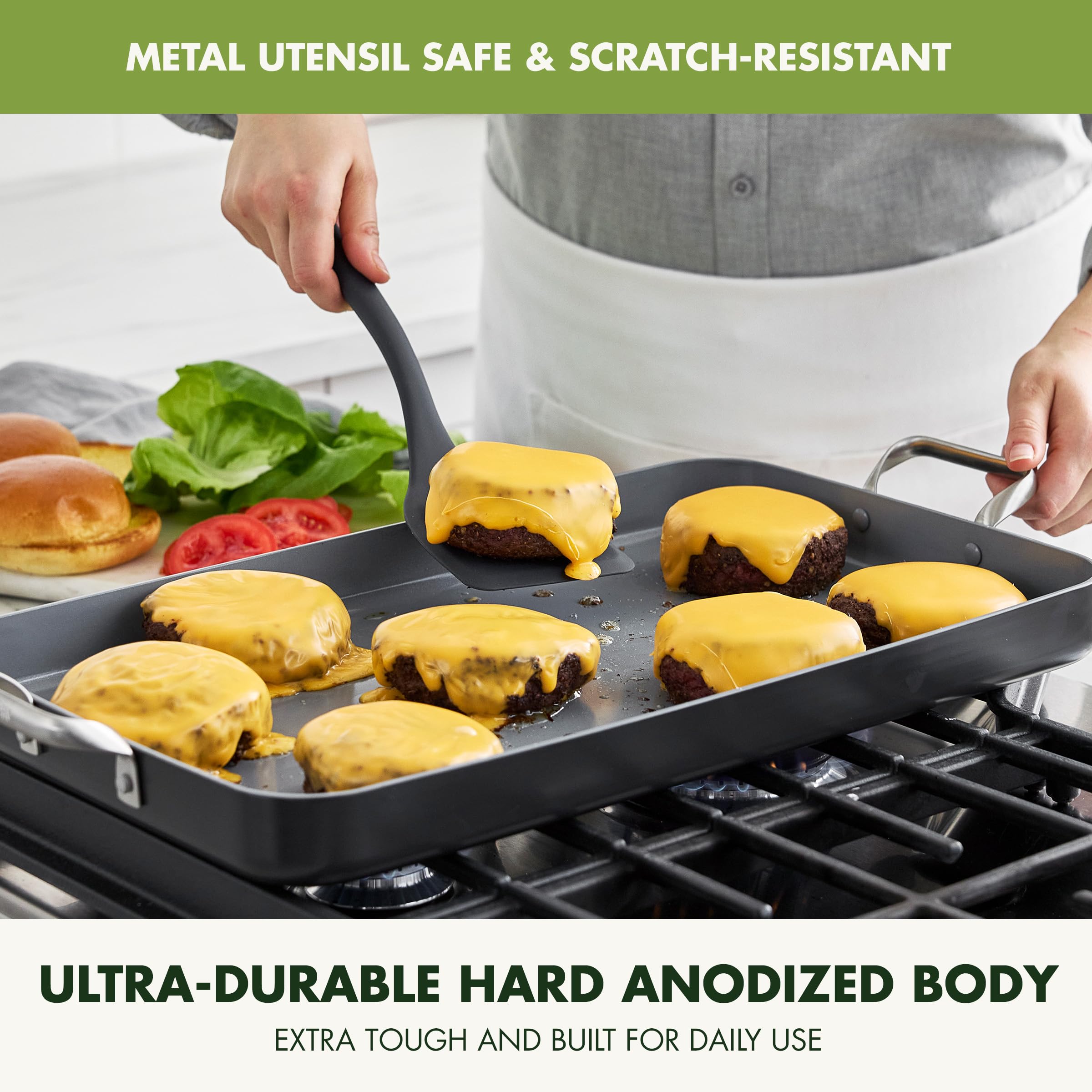 GreenPan griddle next to skillet for size comparison showing generous 18x11 surface benefit