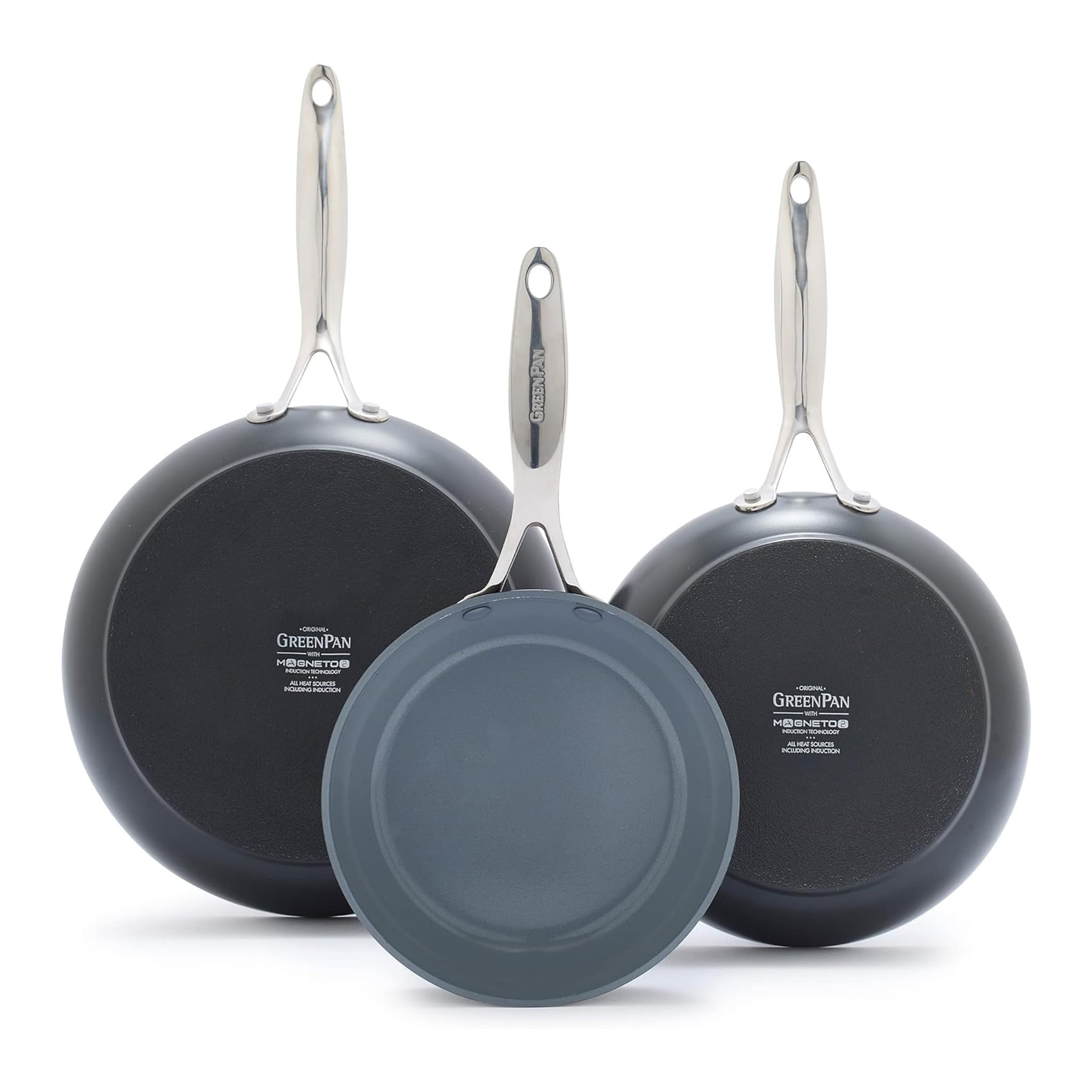 GreenPan Valencia Pro front view showing three skillet sizes and durable finish