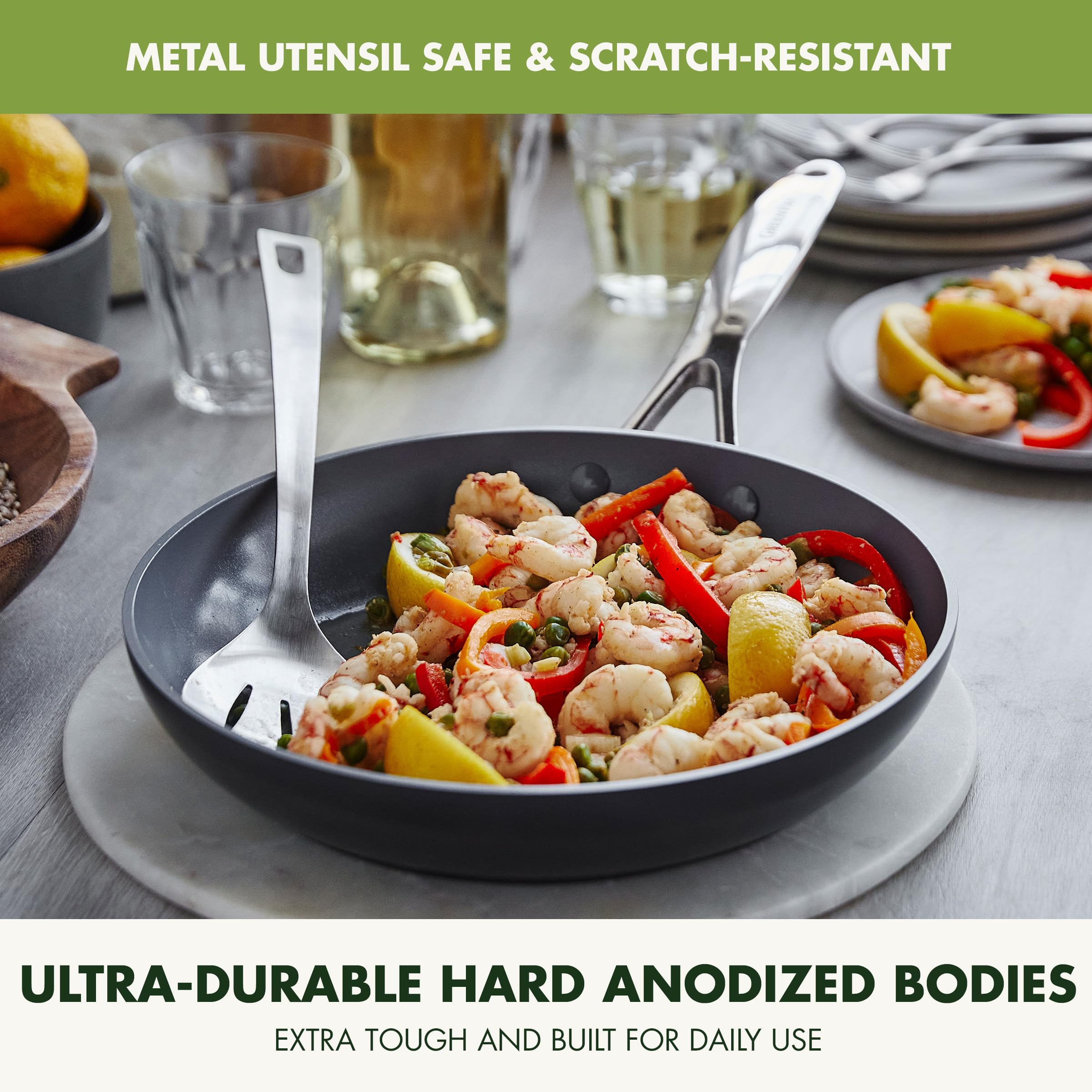 GreenPan pans next to utensil to show real-world size and everyday convenience