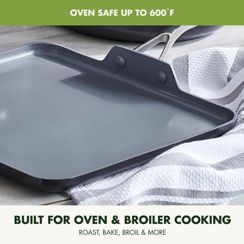 GreenPan size comparison beside spatula benefit: clear 11-inch scale for portion planning