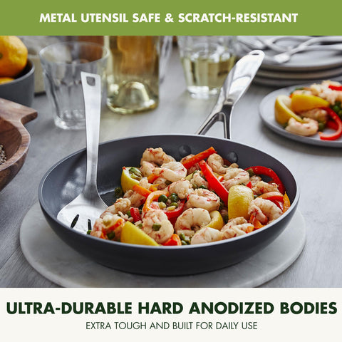GreenPan pans next to utensil to show real-world size and everyday convenience