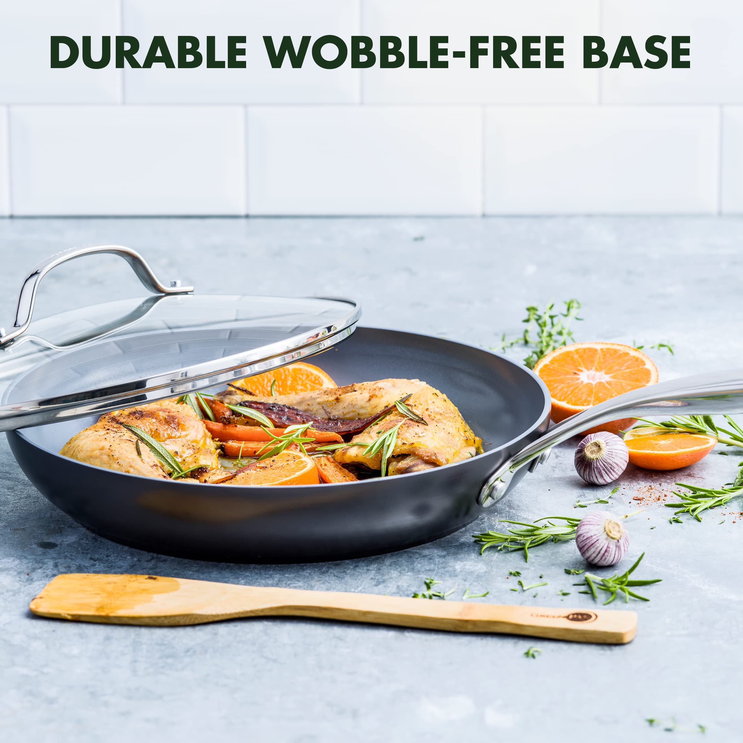 GreenPan Valencia Pro beside a plate illustrating 10-inch size and portion control
