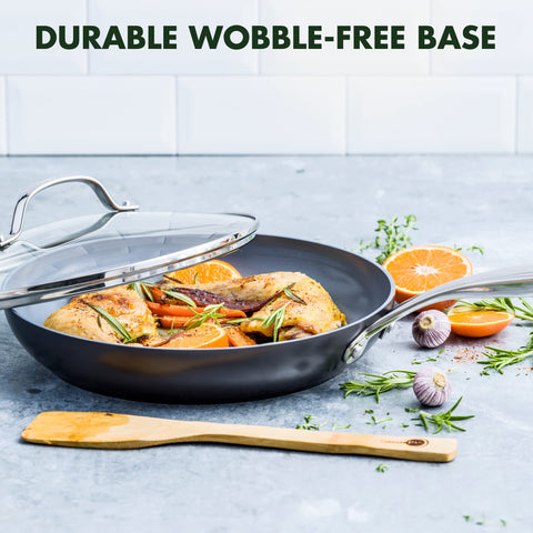 GreenPan Valencia Pro beside a plate illustrating 10-inch size and portion control