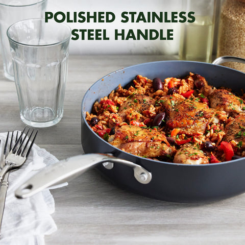 GreenPan pan beside wooden spoon showing 4.5QT scale for meal prep clarity