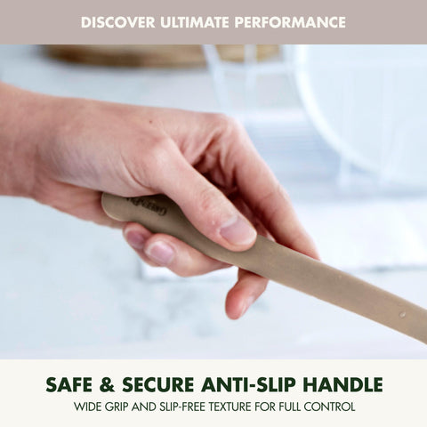 GreenPan close-up of silicone head and steel core, flexible edges protect pans