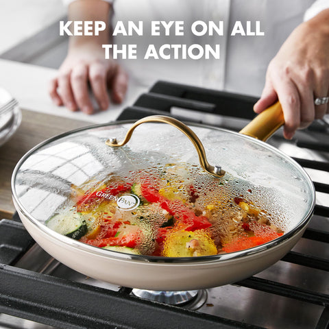GreenPan lid styled on countertop adding visual flair to kitchen decor