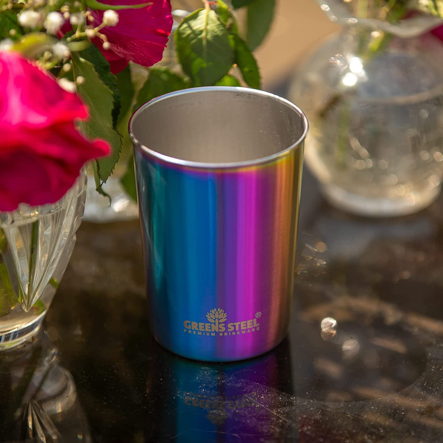 Greens Steel cups on picnic blanket showing outdoor-ready durability