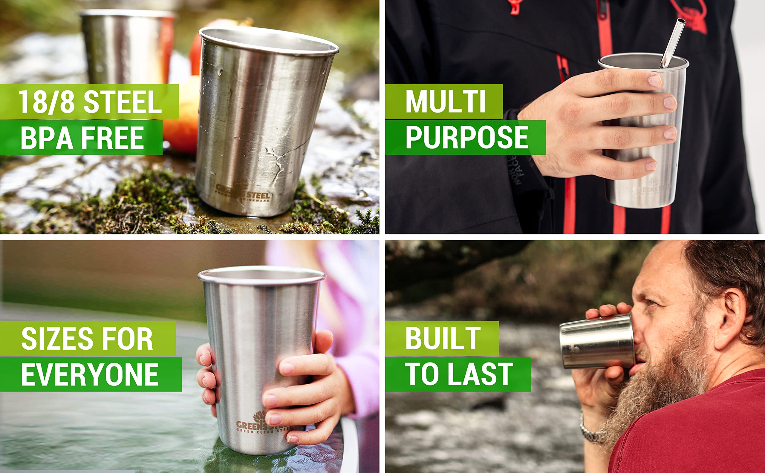 Greens Steel cups arranged at party table showing family-friendly versatility
