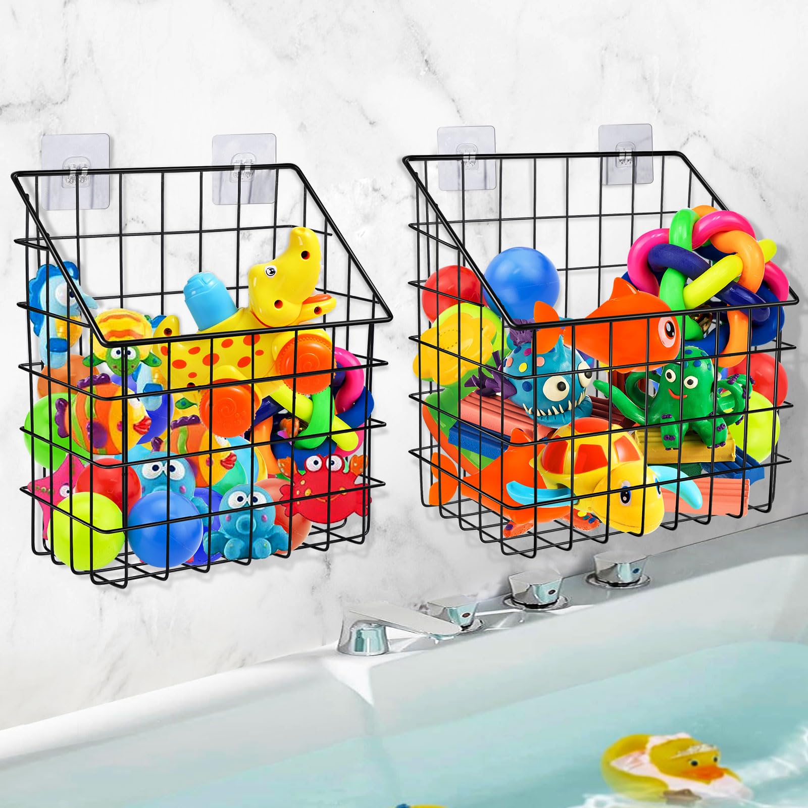 Greentainer front view of two wall-mounted baskets showing tidy toy storage and accessibility