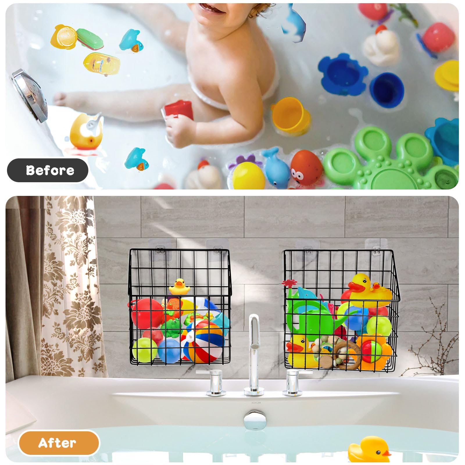 Greentainer baskets mounted in a bathroom setting organizing toys and toiletries neatly