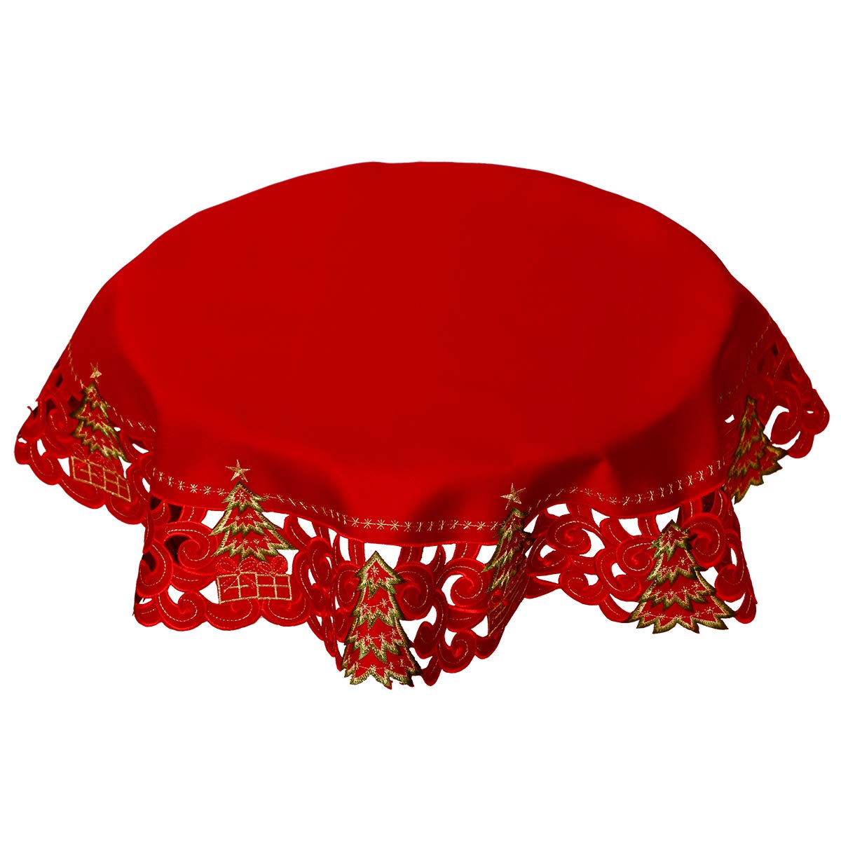 Grelucgo front view of red satin 33-inch round holly tablecloth showing full festive coverage and polished finish
