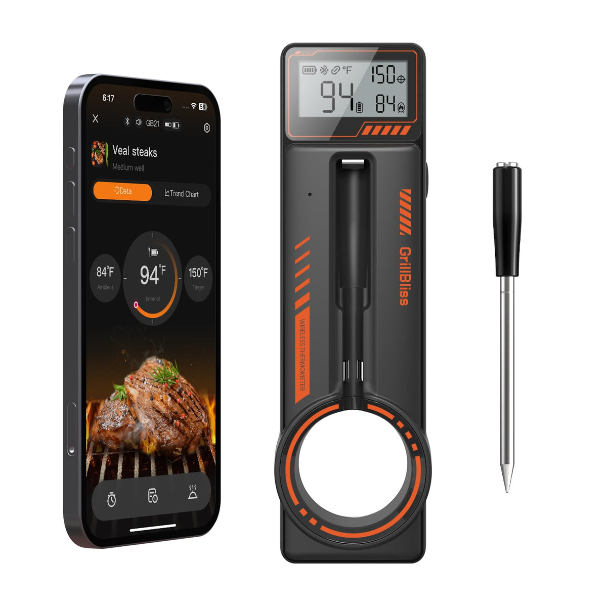 GrillBliss charging base front view showing compact design and clear controls for convenience