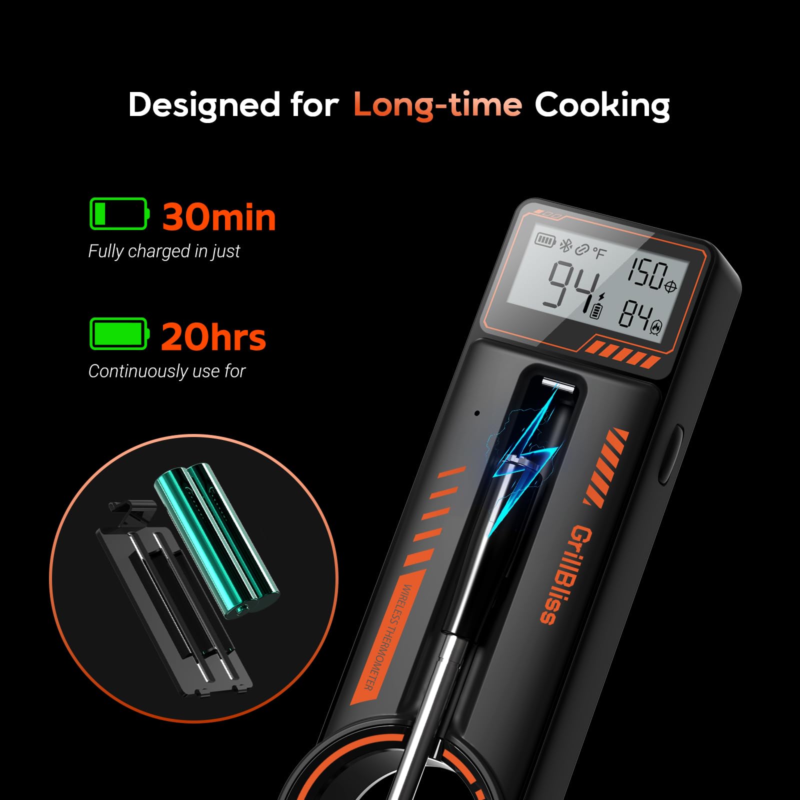 GrillBliss thermometer in outdoor grill scene showing hands-free monitoring advantage