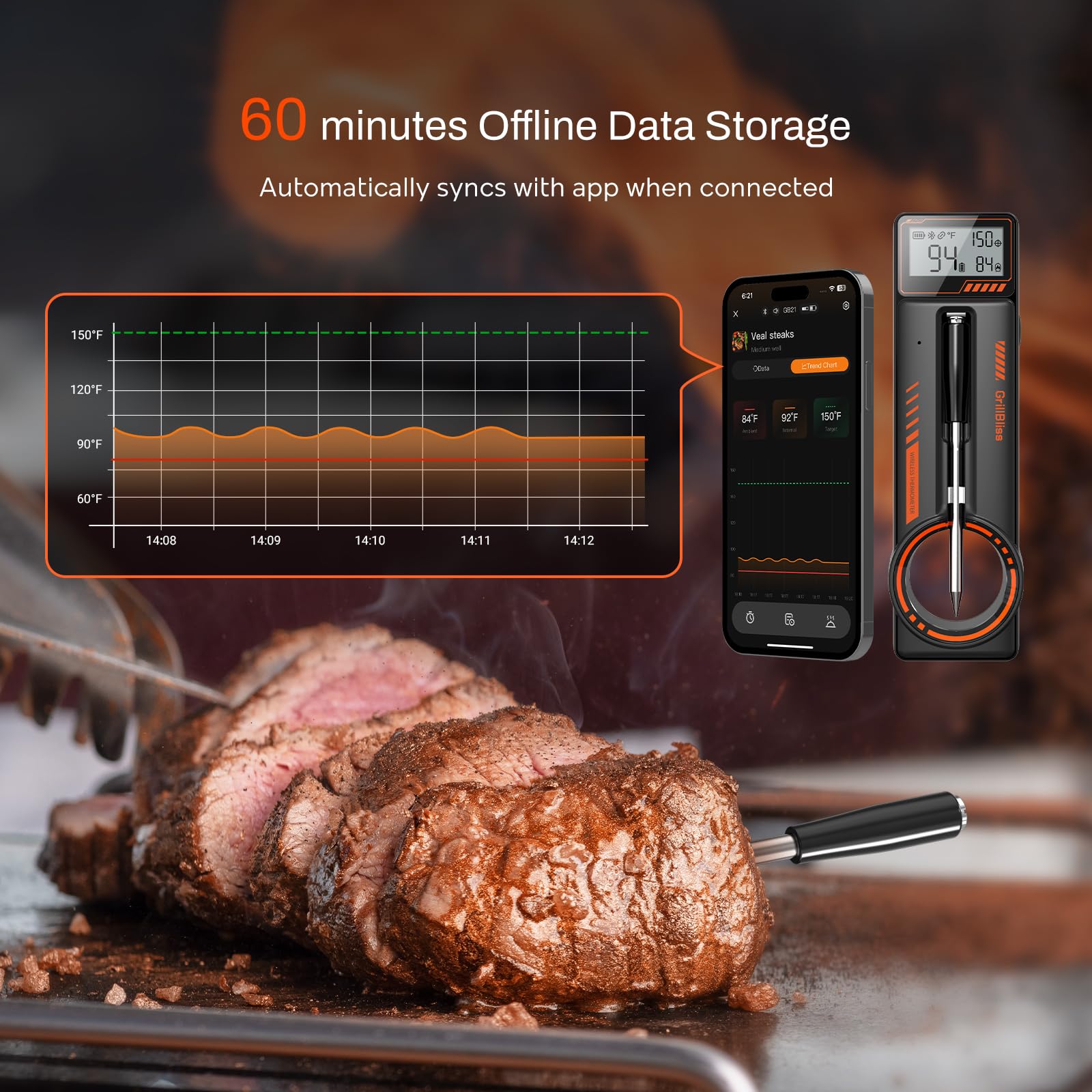 GrillBliss probes resting on charging base highlighting fast recharge and long runtime