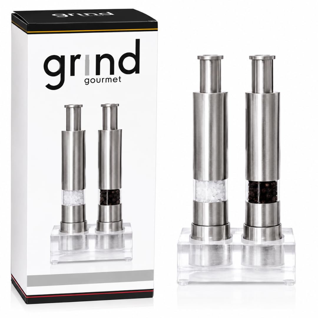 Grind Gourmet front view set on stand showing neat countertop storage