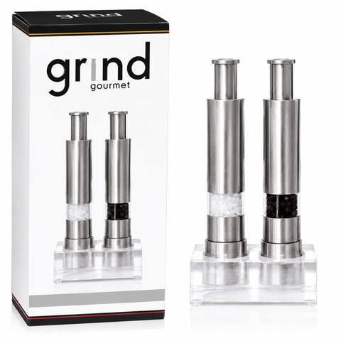 Grind Gourmet front view set on stand showing neat countertop storage