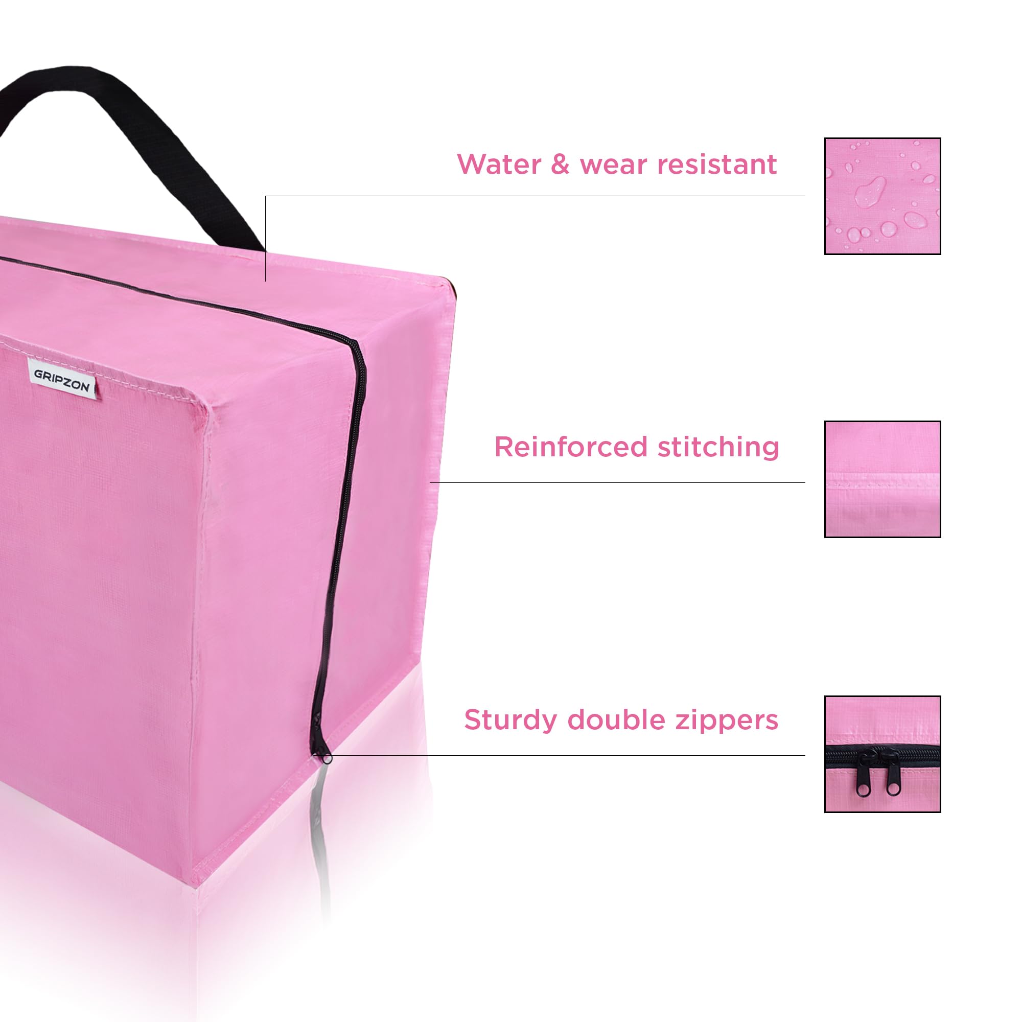 Gripzon beside pillow size comparison showing large 24-gallon capacity