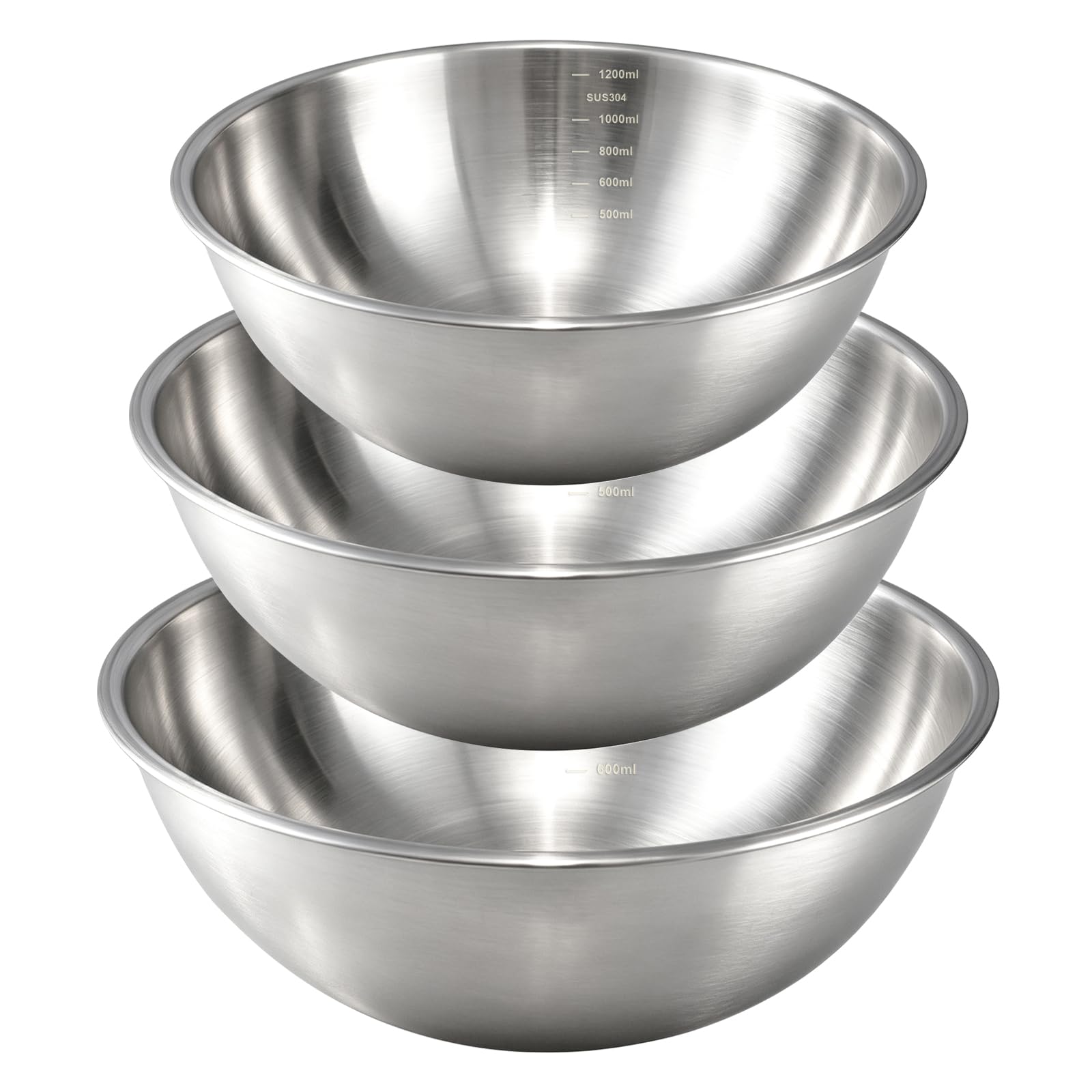 Gronivex front view of three stainless steel mixing bowls showing sizes and finish, durable choice