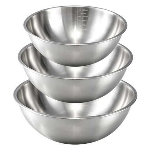 Gronivex front view of three stainless steel mixing bowls showing sizes and finish, durable choice