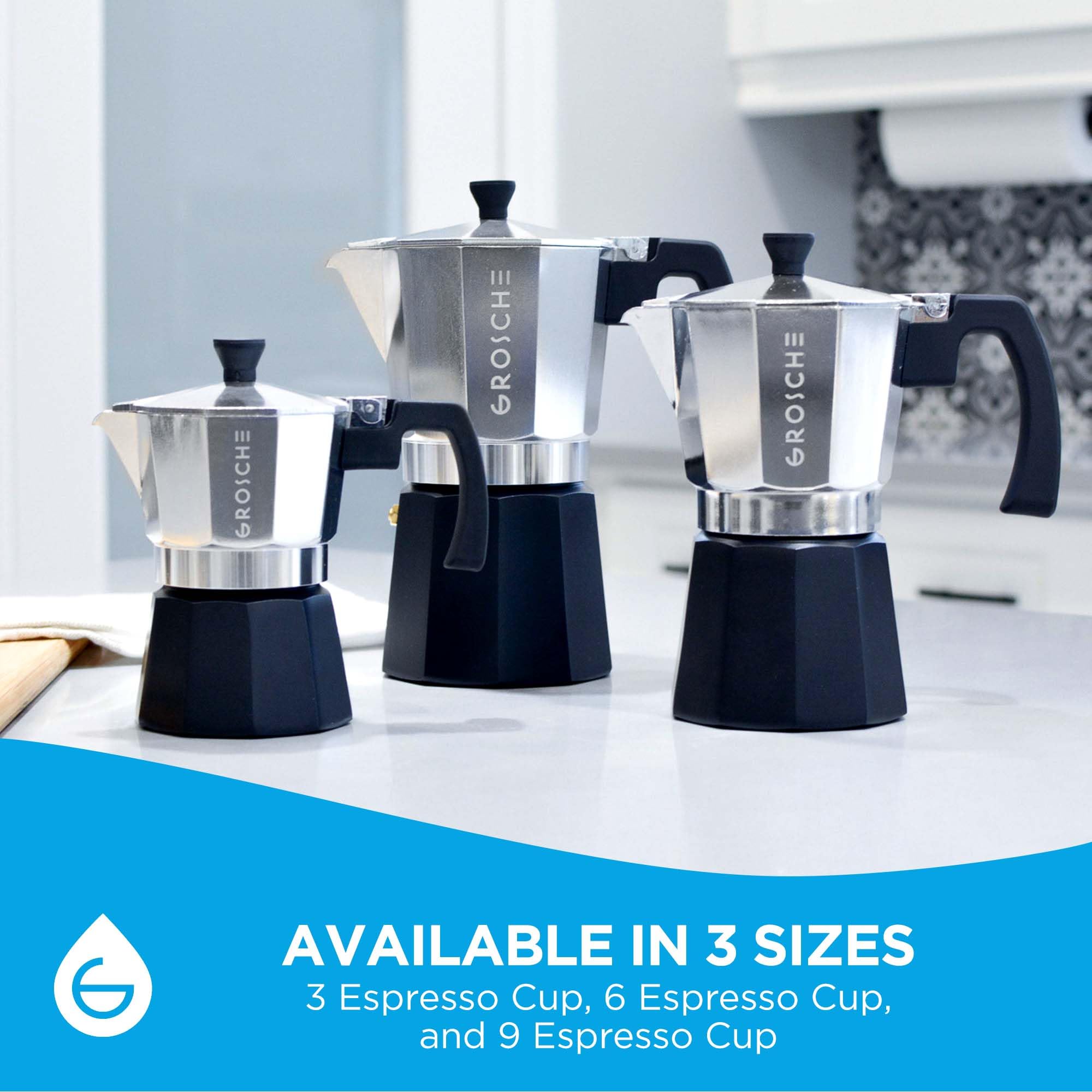 GROSCHE Milano on stovetop as coffee bubbles into top chamber demonstrating fast stovetop brewing