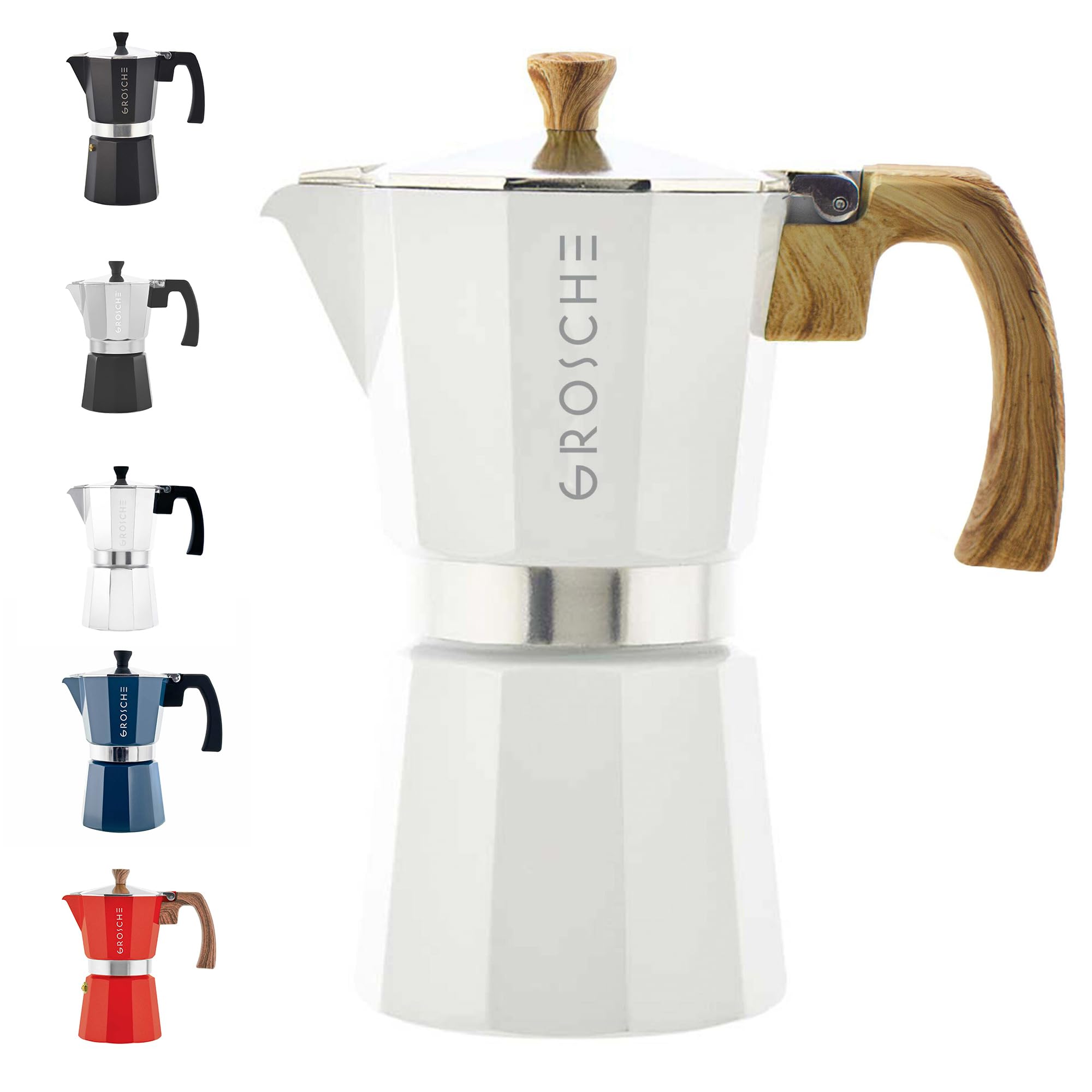 GROSCHE Milano front view in white showing sleek moka pot and capacity benefit