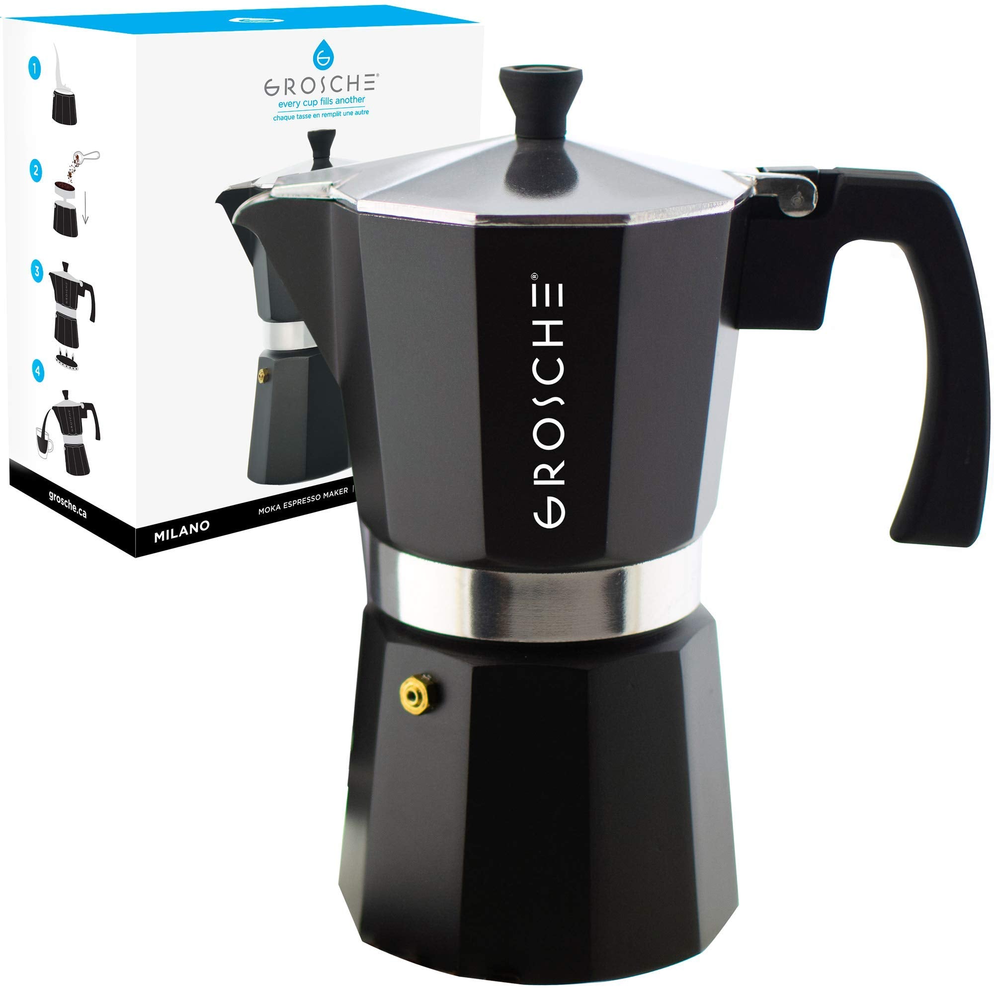 GROSCHE Milano front view showing black stovetop moka pot and elegant shape for home brewing