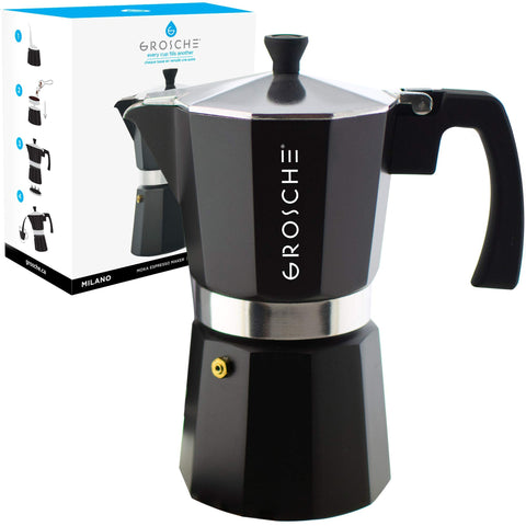 GROSCHE Milano front view showing black stovetop moka pot and elegant shape for home brewing