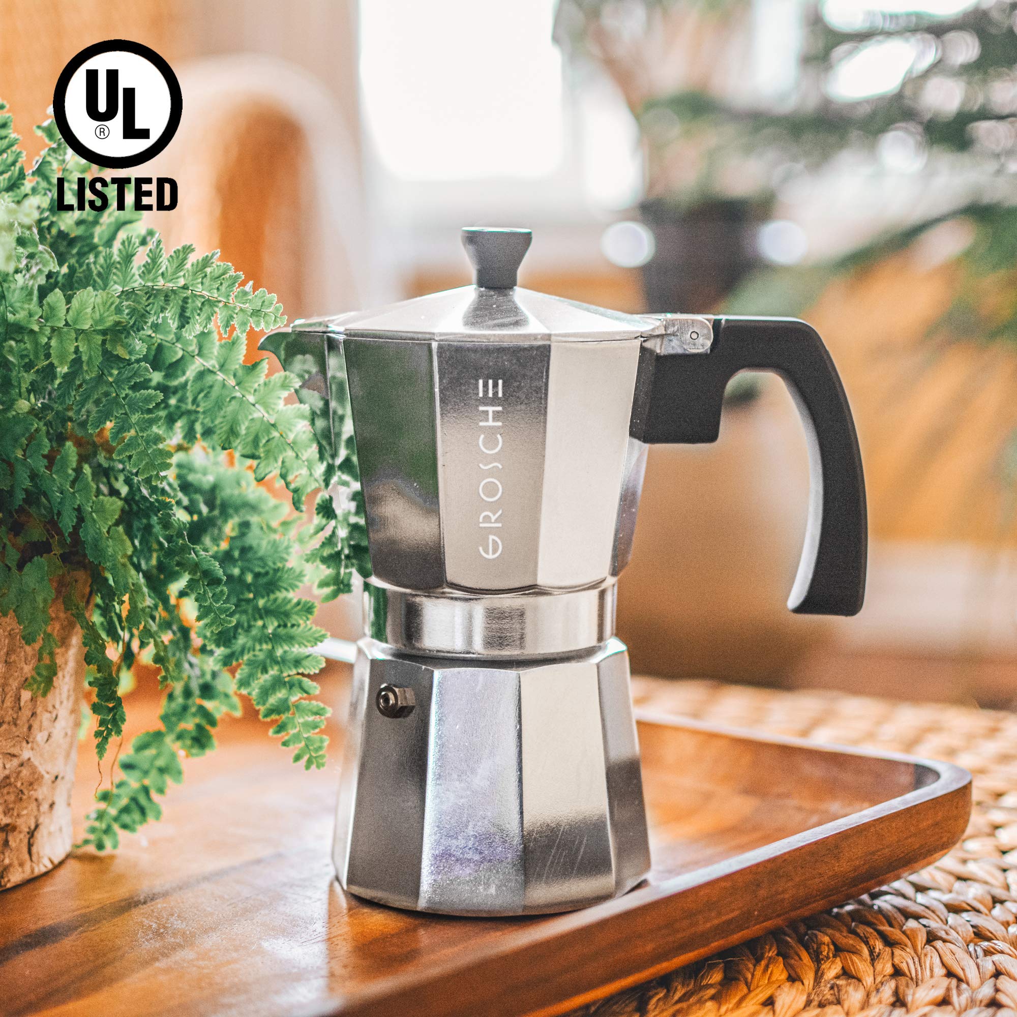 GROSCHE Milano brewing on a gas stove to deliver rich moka coffee quickly and reliably