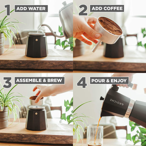 GROSCHE Milano pouring concentrated coffee into cup demonstrating smooth pour and rich brew