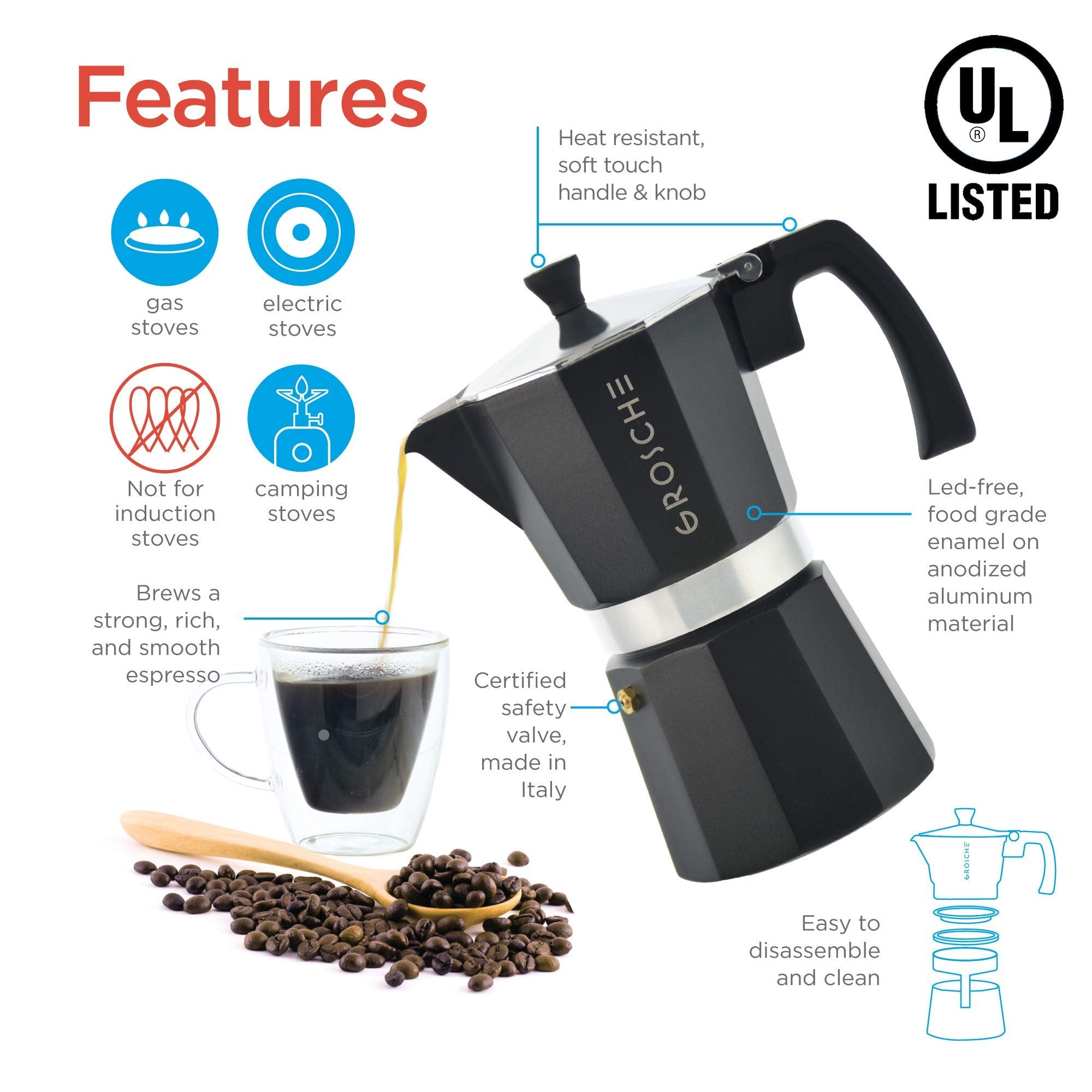 GROSCHE Milano on kitchen counter next to cups to show scale and 12-cup capacity for sharing