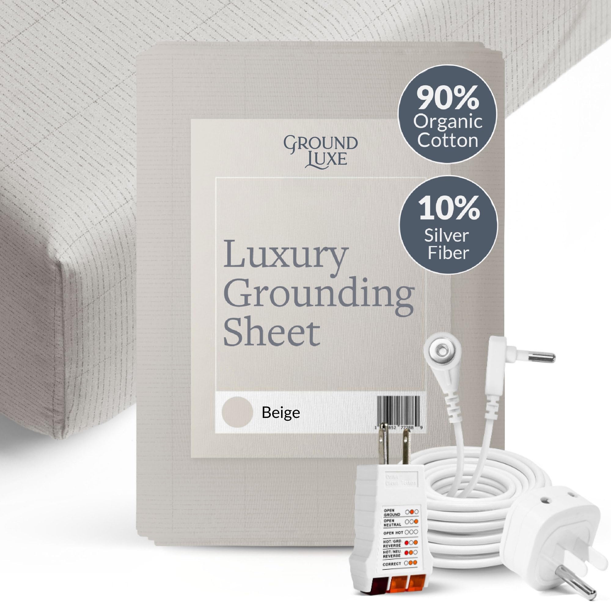 GroundLuxe front view of beige fitted grounding sheet showing neat fit and luxury look