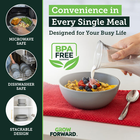 Grow Forward plates and bowls in an RV emphasizing portable convenience