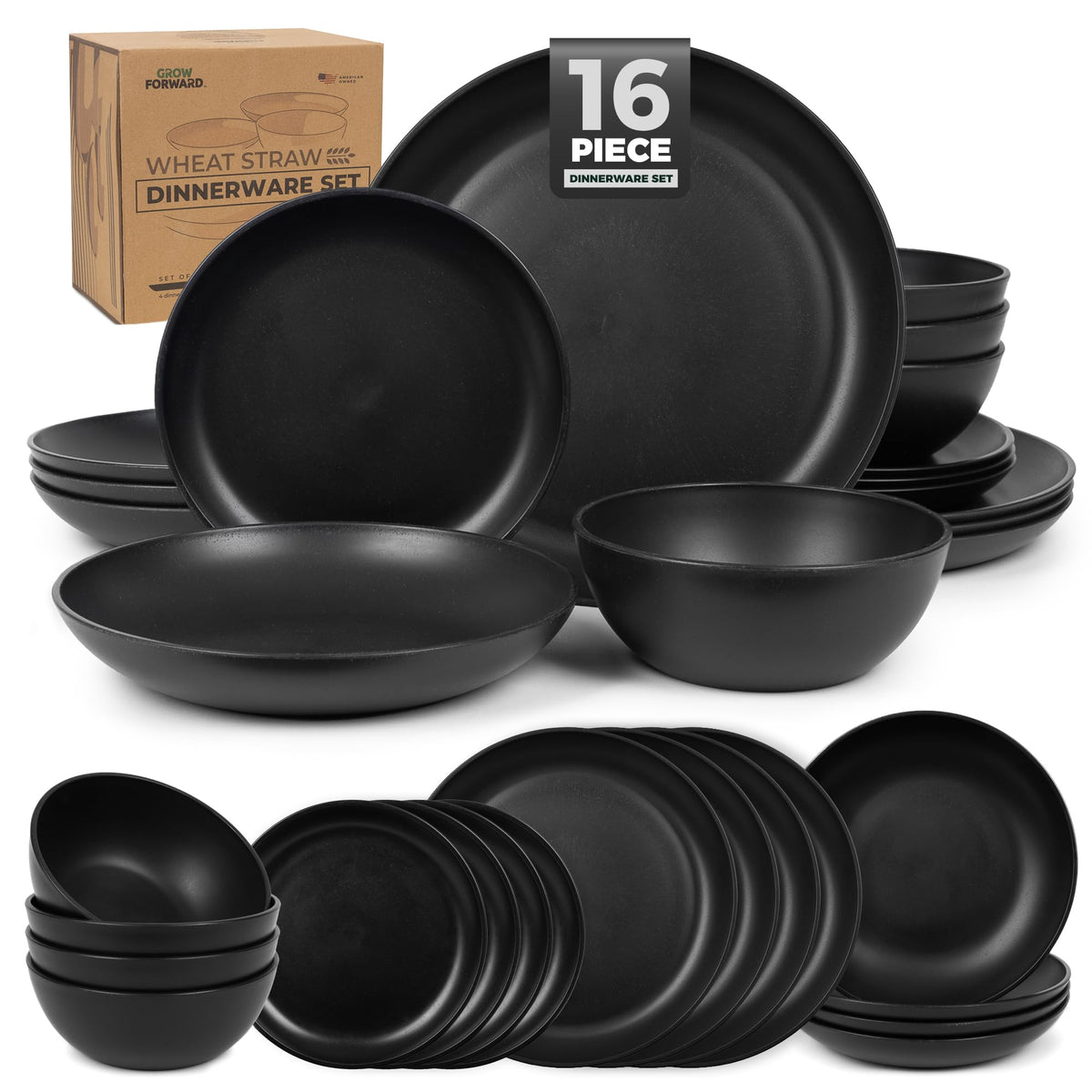 Grow Forward midnight front view of full 16-piece set, durable and stylish