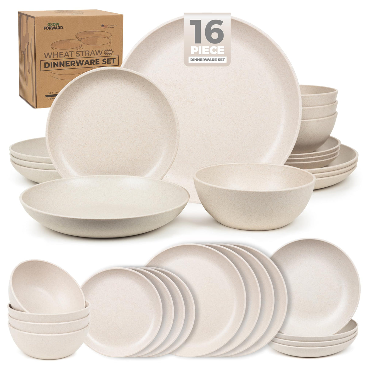 Grow Forward Sahara front view showing complete 16-piece set and natural finish