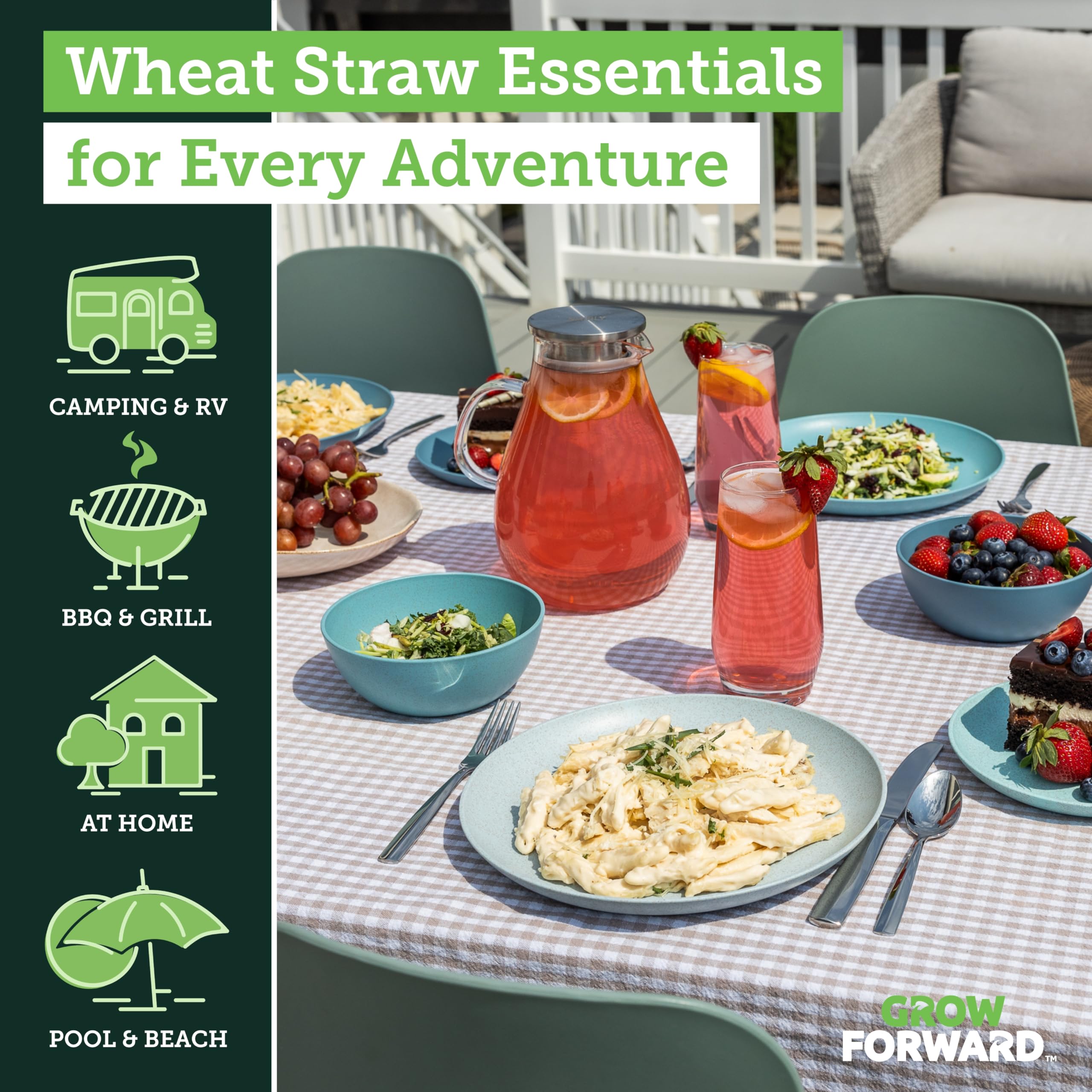 Grow Forward stacked plates close-up showing space-saving stackability and neat storage