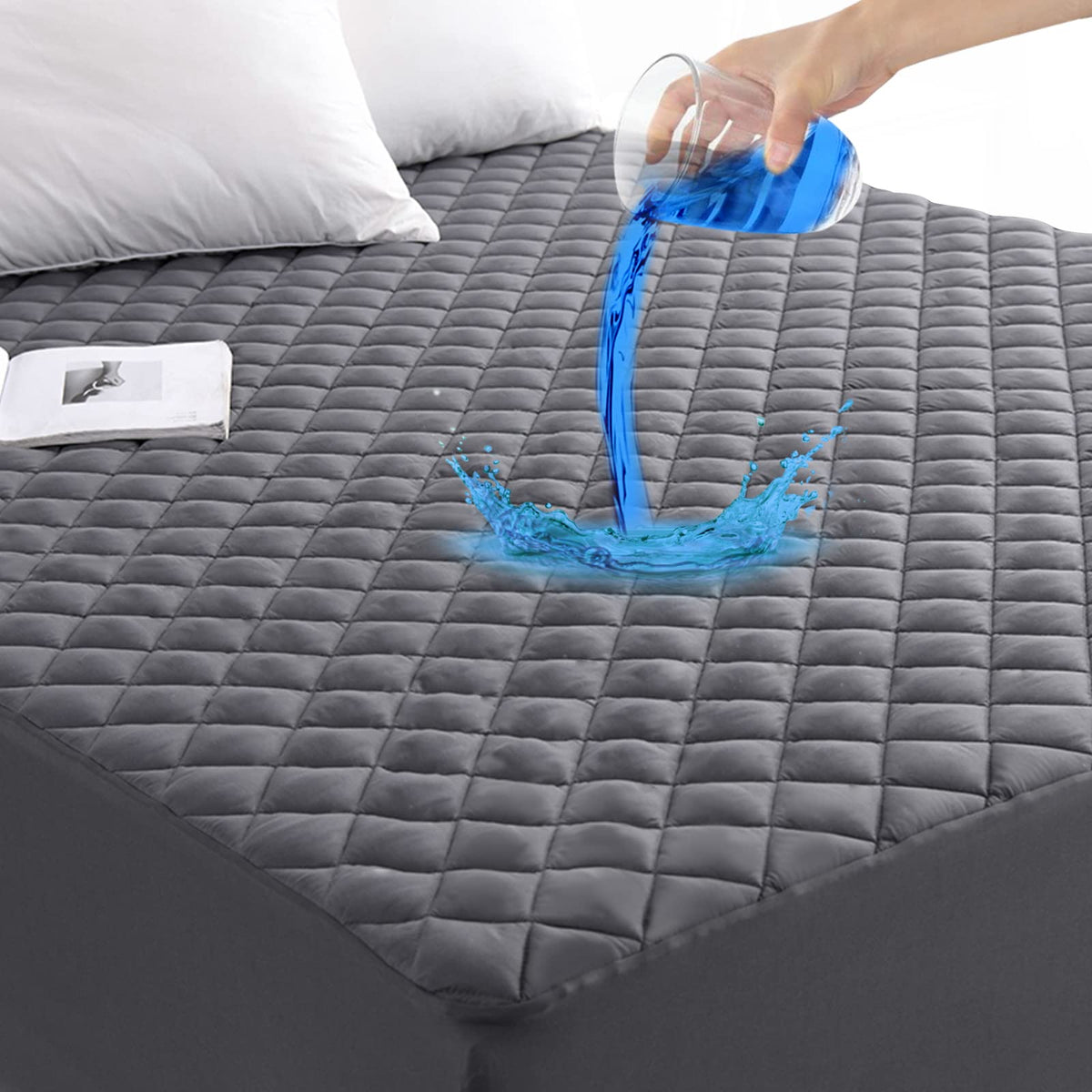 GRT mattress pad front view showing grey quilted protector and full-size fit benefit