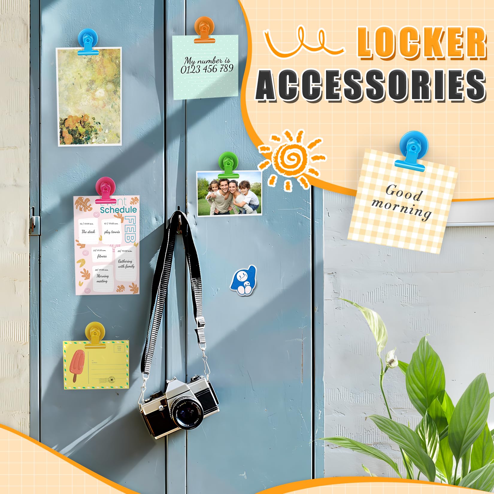 Grtard clips holding documents on a metal cabinet for office organization