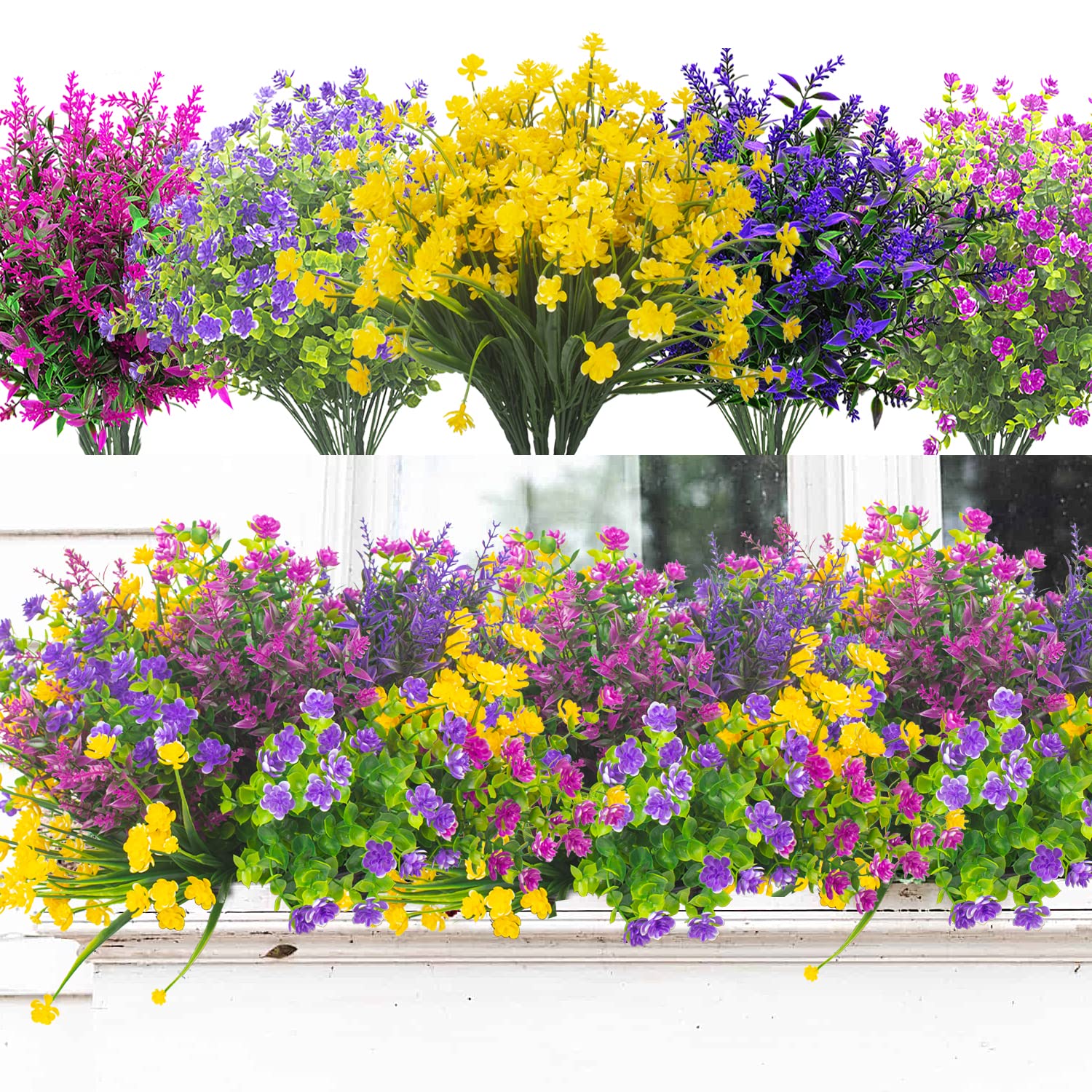 Grunyia front packaging showing 20 bundled faux flowers and color mix benefits