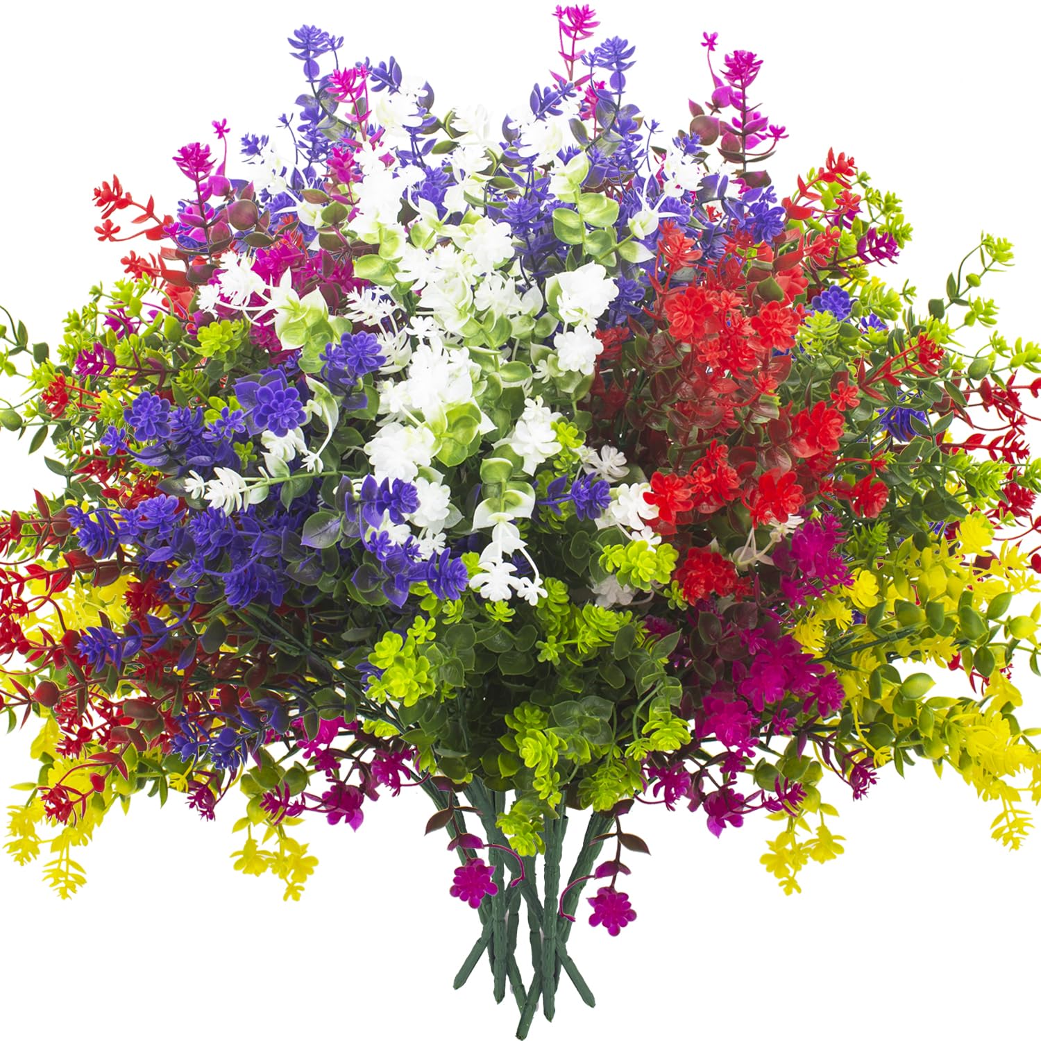 Grunyia front packaging showing 12 bundled faux flowers and product information, durable benefit