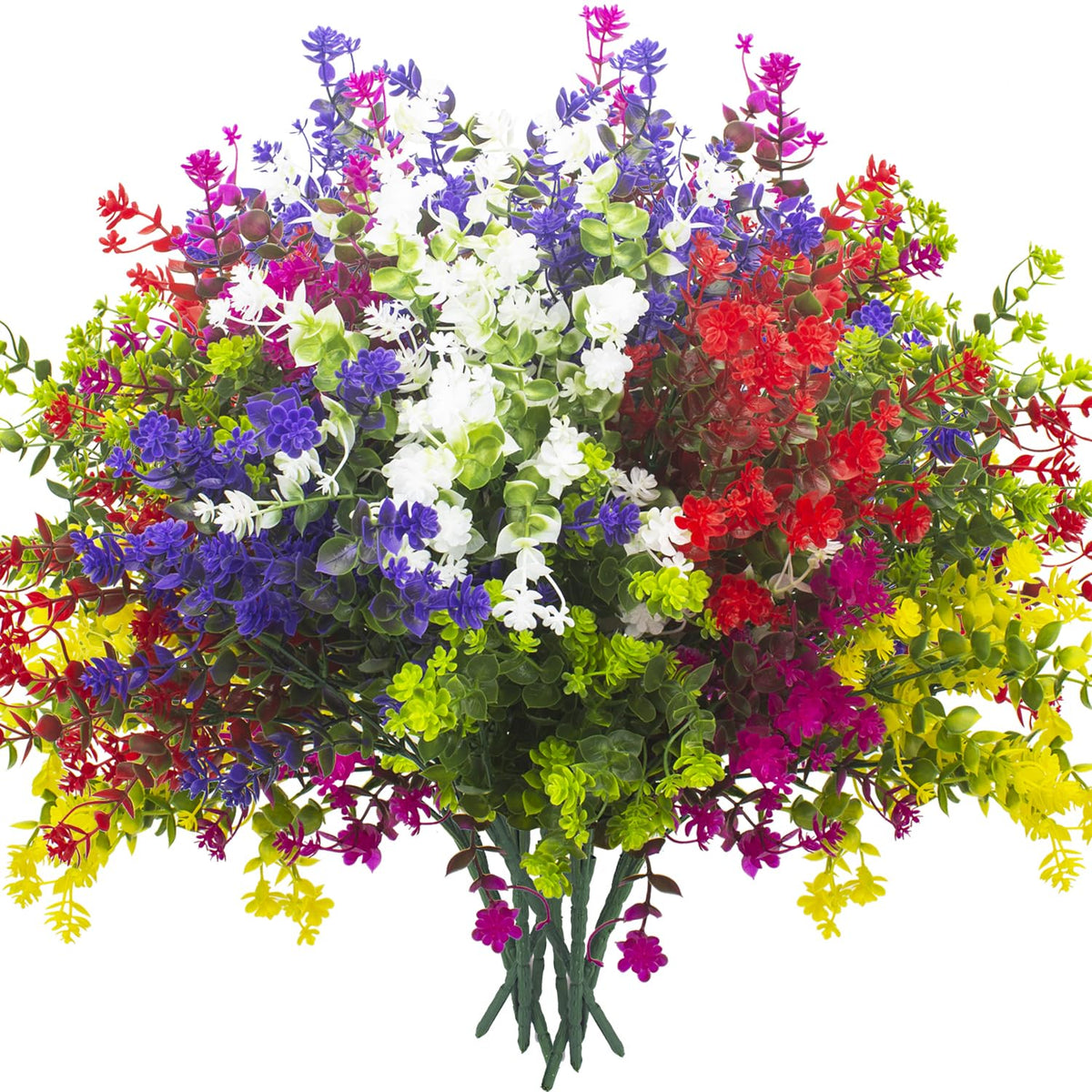 Grunyia front packaging showing 12 bundled faux flowers and product information, durable benefit