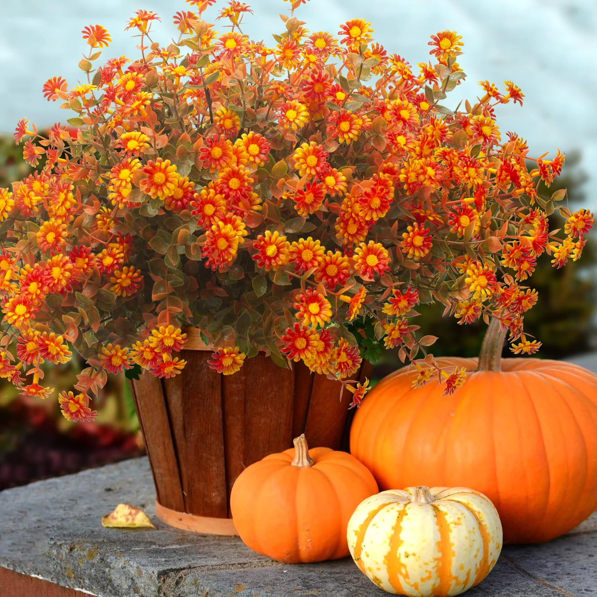 Grunyia front view of bundled faux fall flowers showing seasonal curb appeal