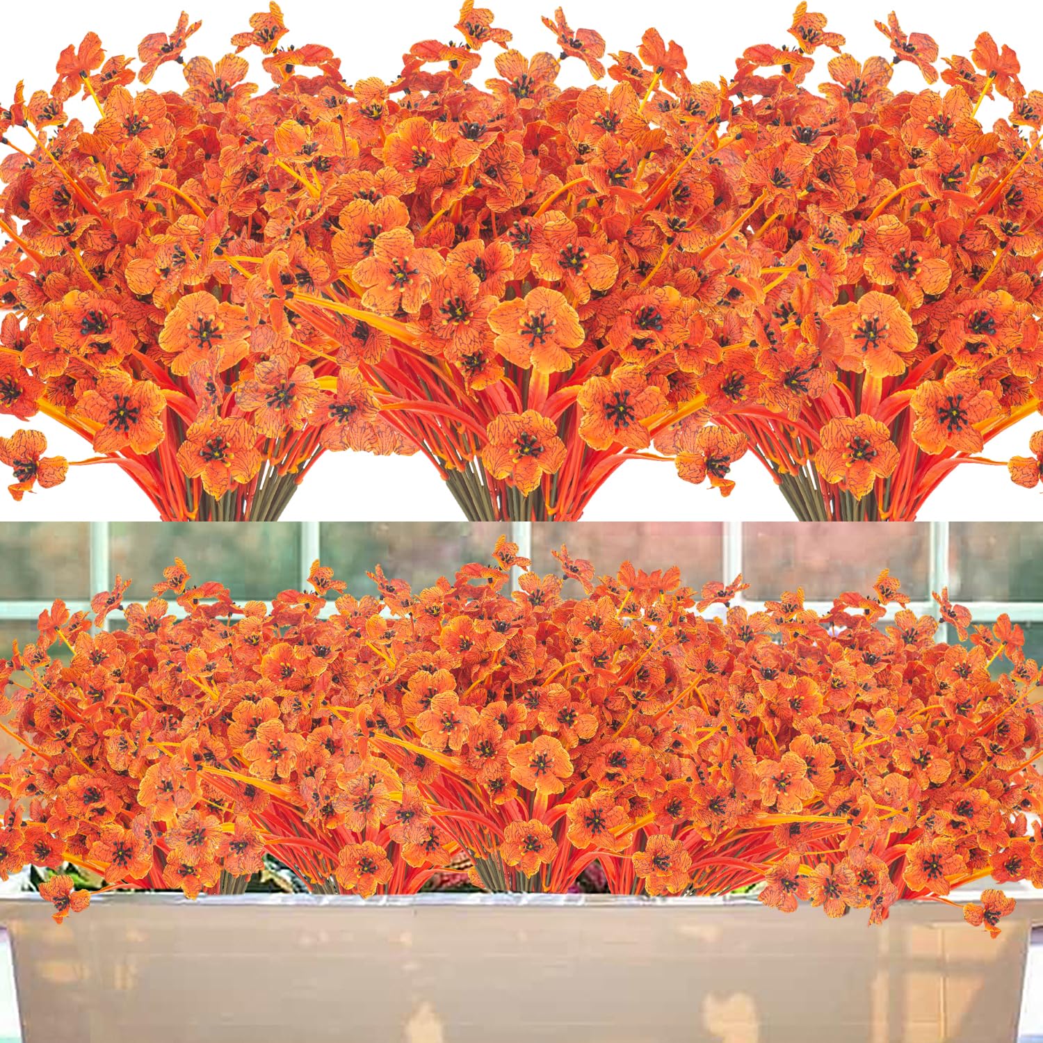 Grunyia front view of full orange faux mum bundle showing autumn color benefits