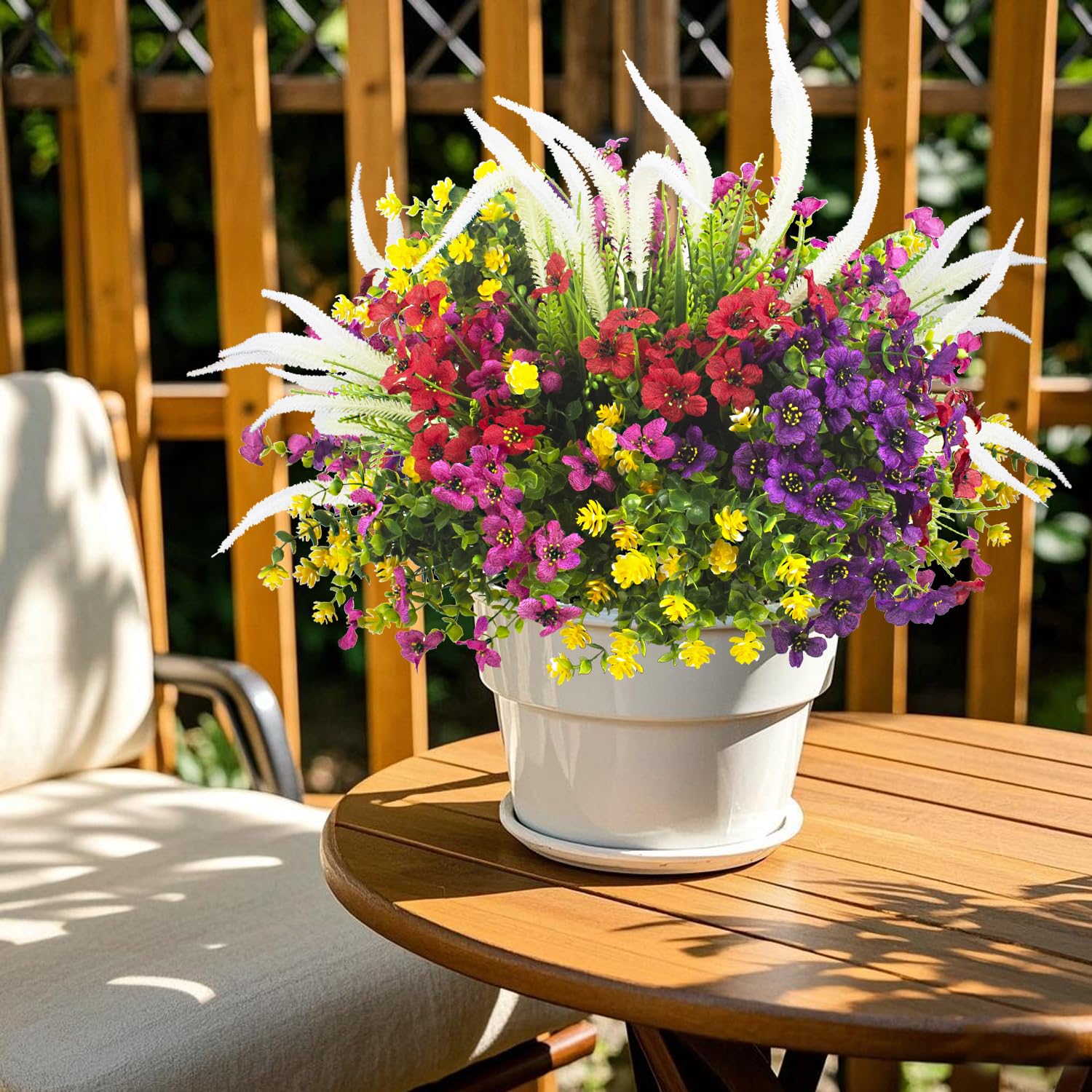 Grunyia displayed in a porch hanging basket adding instant curb appeal