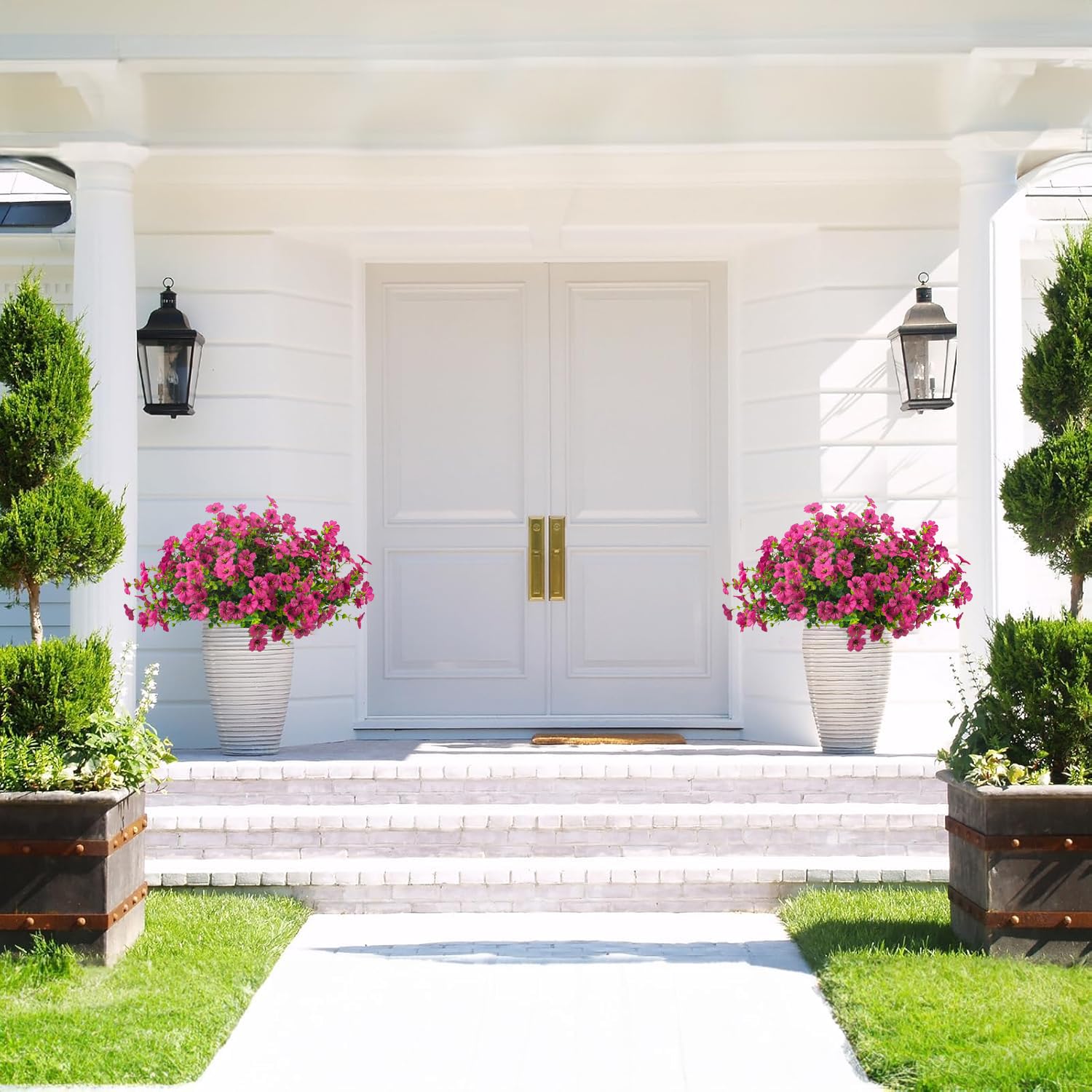 Grunyia arranged in a planter on a porch adding instant low-maintenance color
