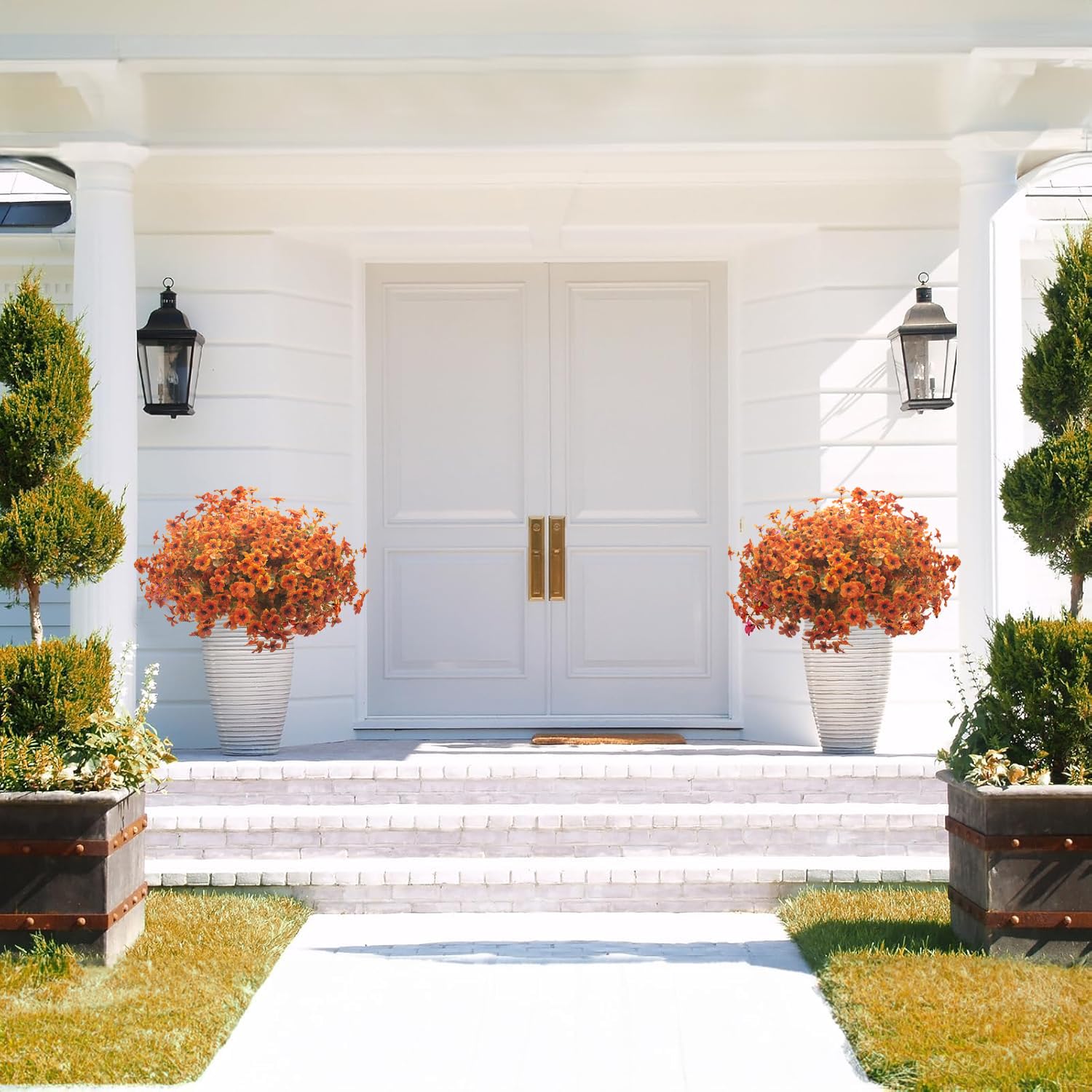 Grunyia arranged in porch planter highlighting instant fall curb appeal benefit