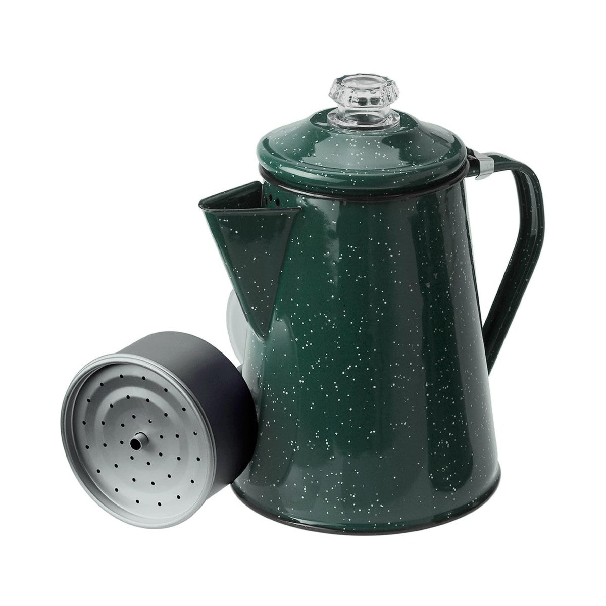 GSI Outdoors percolator front view showing durable stainless body and lid benefit: rugged brewing